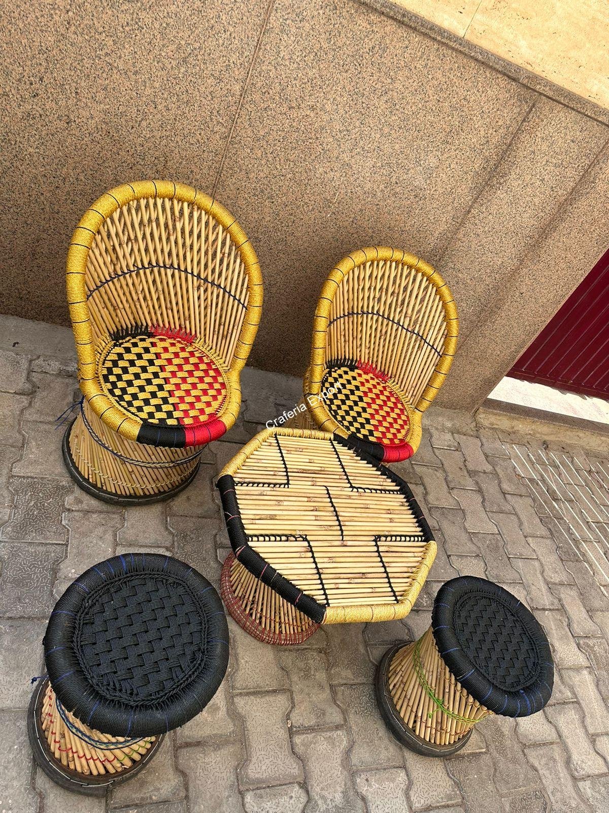 Bamboo mudda chairs table set for living room/ Office/ Balcony / Cafe Restaurants set of 5 - Image 3