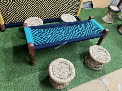 Wooden Bench Charpai with 4 Mudda Stools for living room, balcony, garden, cafe & restaurants - Image 5