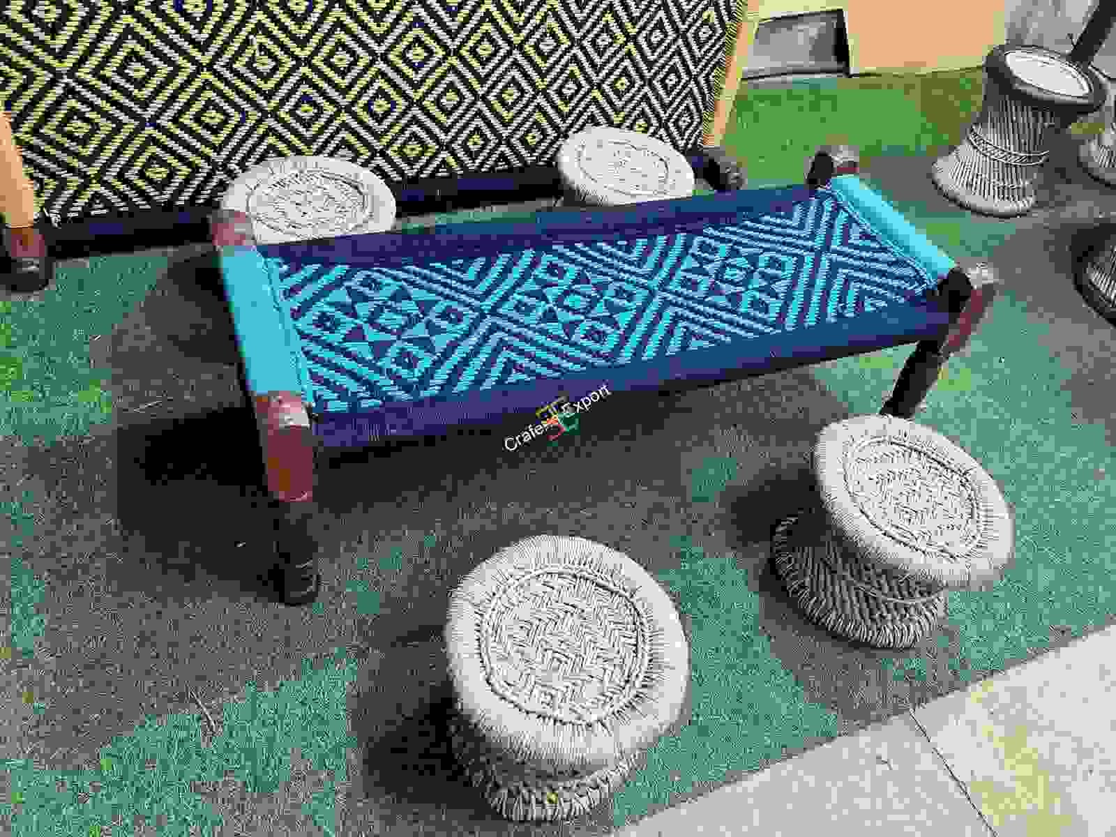 Wooden Bench Charpai with 4 Mudda Stools for living room, balcony, garden, cafe & restaurants - Image 5
