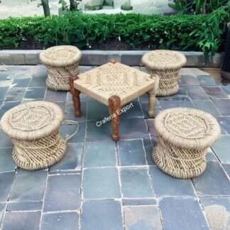 Handmade Bamboo Mudda Stools With Wooden Square Shaped Pidha furniture set for Indoor Outdoor