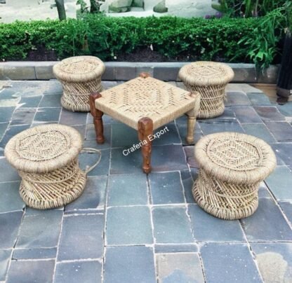 Handmade Bamboo Mudda Stools With Wooden Square Shaped Pidha furniture set for Indoor Outdoor