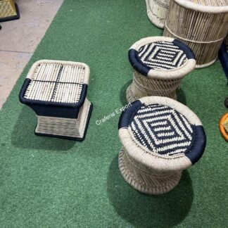 Natural Bamboo Mudda/ Stools with Side table (Iron Frame Stools table )set of 3