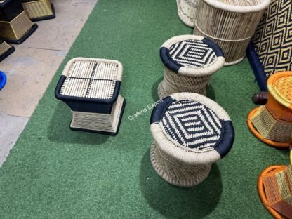 Natural Bamboo Mudda/ Stools with Side table (Iron Frame Stools table )set of 3