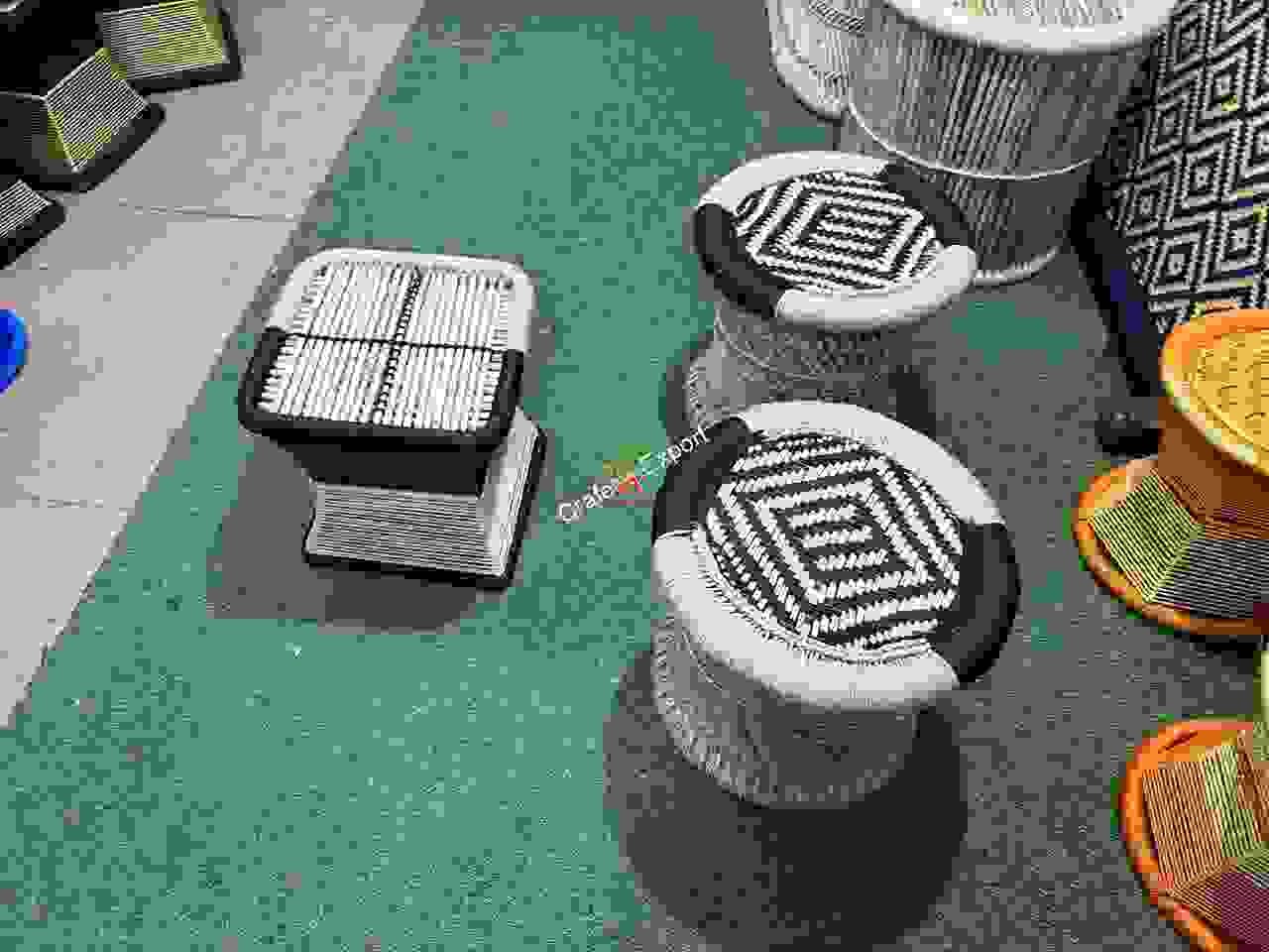 Natural Bamboo Mudda/ Stools with Side table (Iron Frame Stools table )set of 3