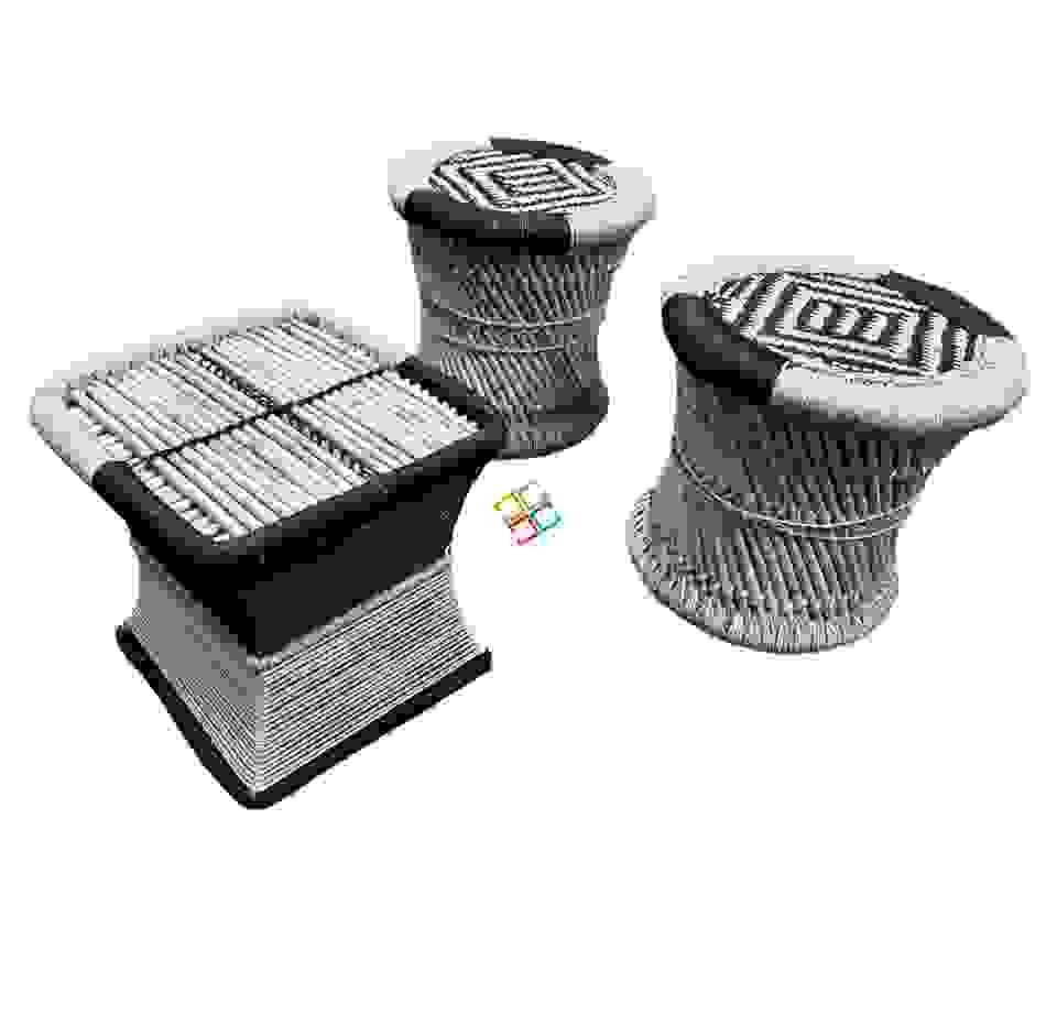 Natural Bamboo Mudda/ Stools with Side table (Iron Frame Stools table )set of 3 - Image 2