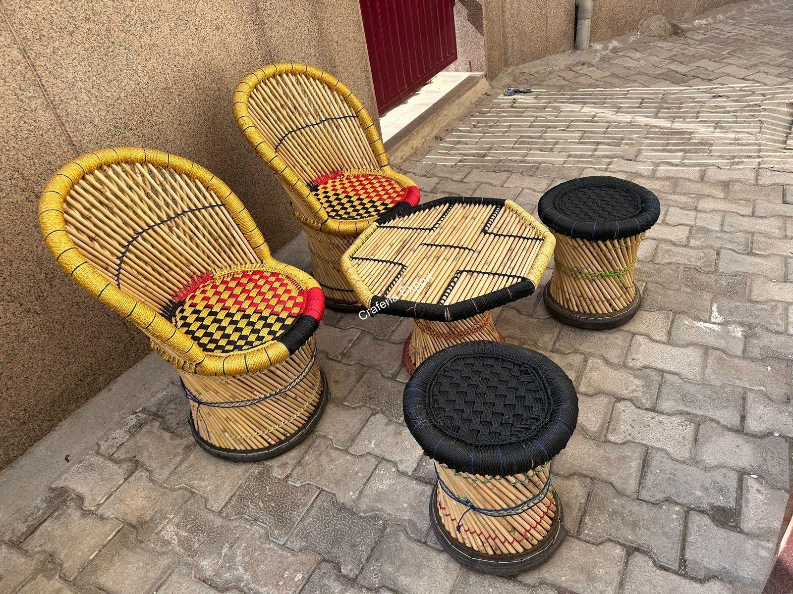 Bamboo mudda chairs table set for living room/ Office/ Balcony / Cafe Restaurants set of 5 - Image 5