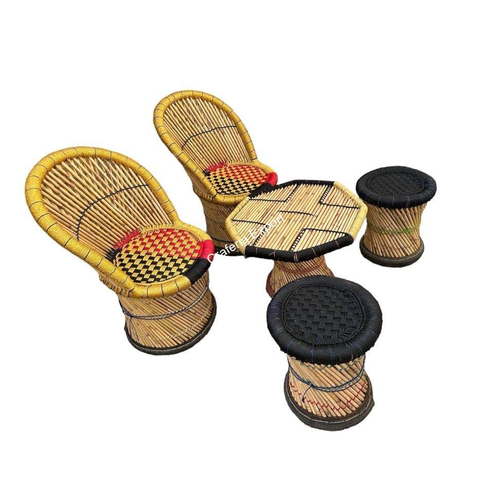 Bamboo mudda chairs table set for living room/ Office/ Balcony / Cafe Restaurants set of 5 - Image 2