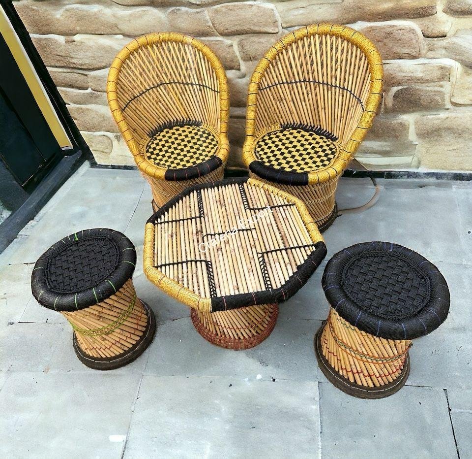 Bamboo mudda chairs table set for living room/ Office/ Balcony / Cafe Restaurants set of 5