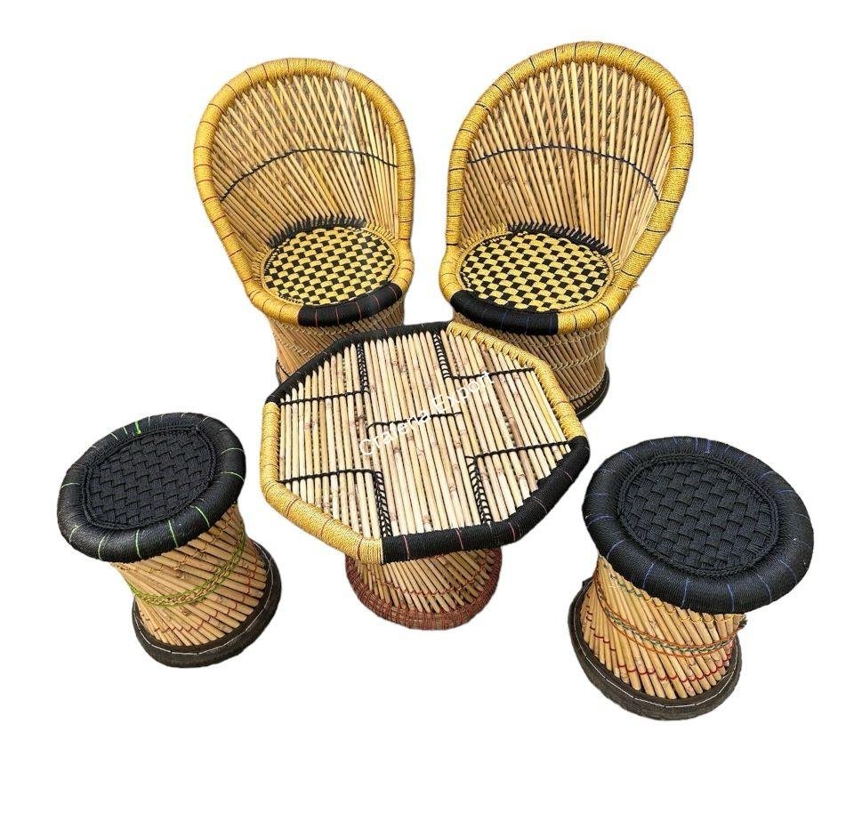 Bamboo mudda chairs table set for living room/ Office/ Balcony / Cafe Restaurants set of 5 - Image 9