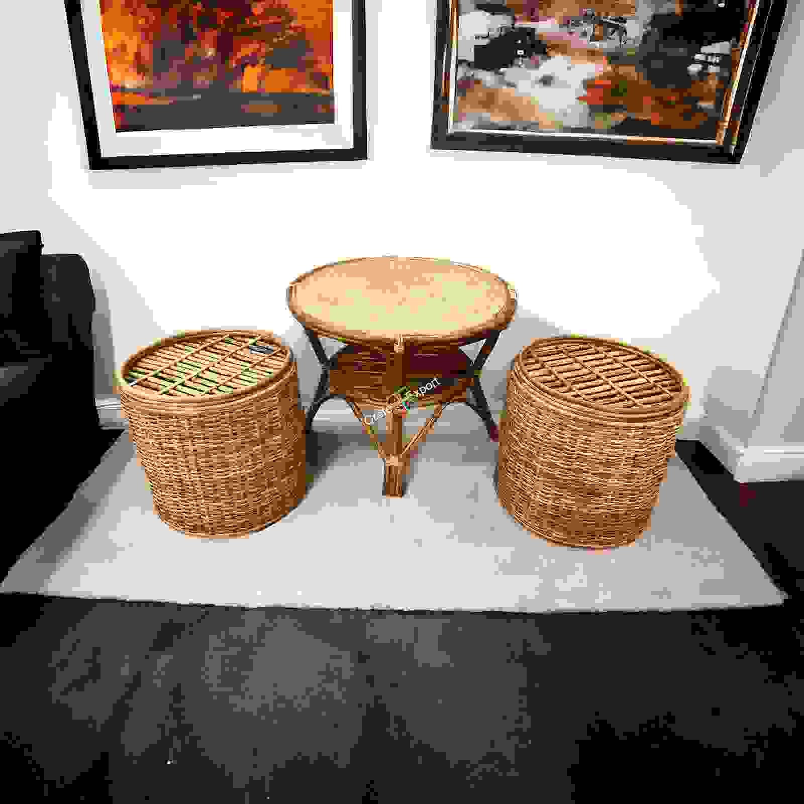 Round Coffee Rattan Table Stools/ Cane Sitting stools with table - Image 2