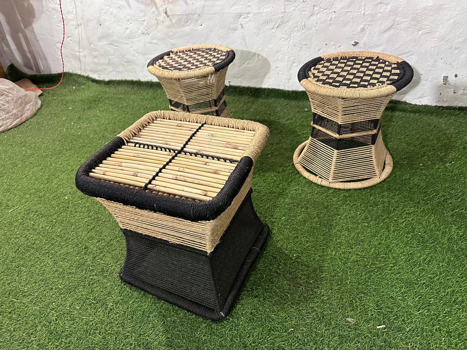 Natural Bamboo Mudda/ Stools with Side table (Iron Frame Stools table )set of 3 - Image 3