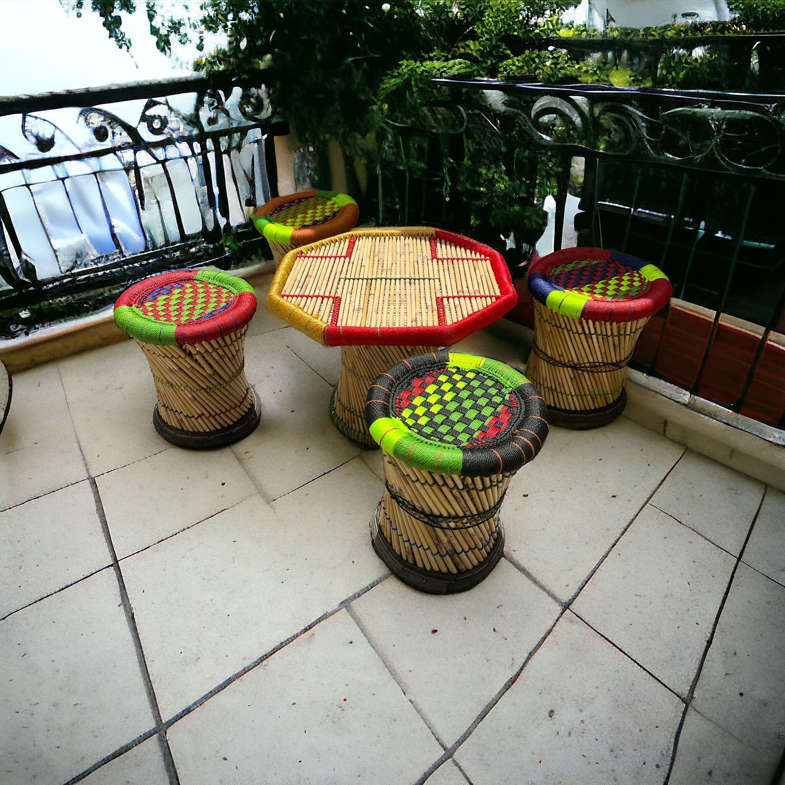 Bamboo Cane Mudda Stools with Table | Furniture set for outdoor/cafe /restaurants - Image 2