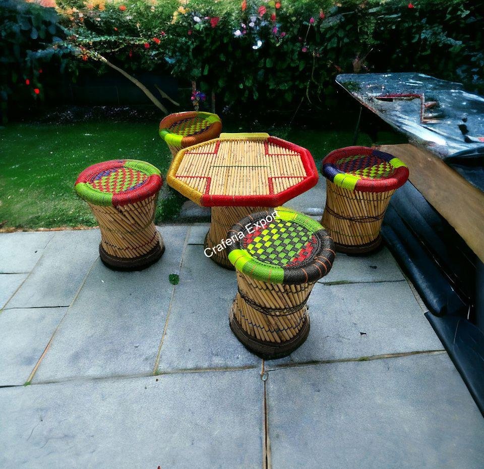 Bamboo Cane Mudda Stools with Table | Furniture set for outdoor/cafe /restaurants