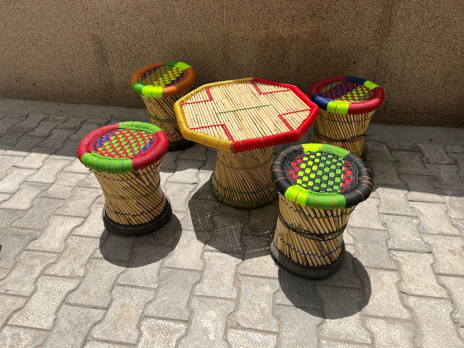 Bamboo Cane Mudda Stools with Table | Furniture set for outdoor/cafe /restaurants - Image 3