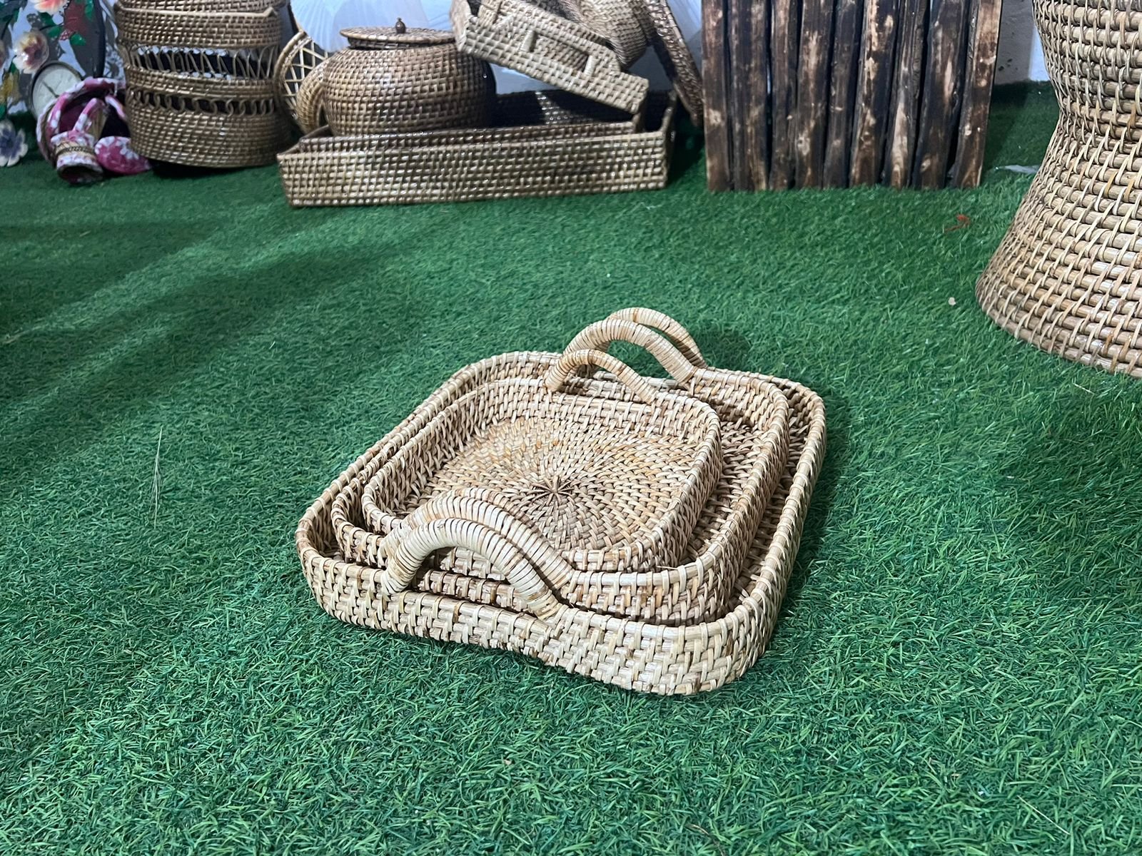 Bamboo Cane Serving Tray | Table Top Tray for decorative Gifts / Fruits / Vegetable with handle - Image 2