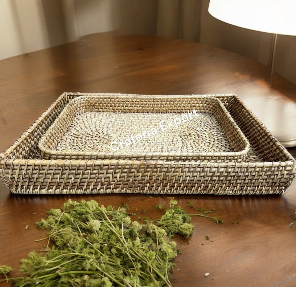 Bamboo Serving Tray for Home | Cane Rattan Decorative Tray for Home/ Gift Hamper / Coffee Cafe Serving Tray