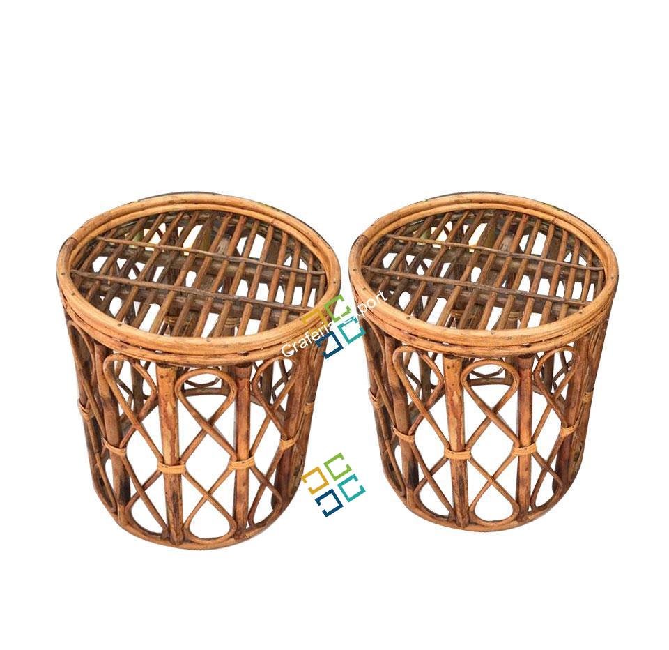 Antique Round Cane Stool For Living Room, Hotel, Restaurants etc(Set of 2) - Image 2