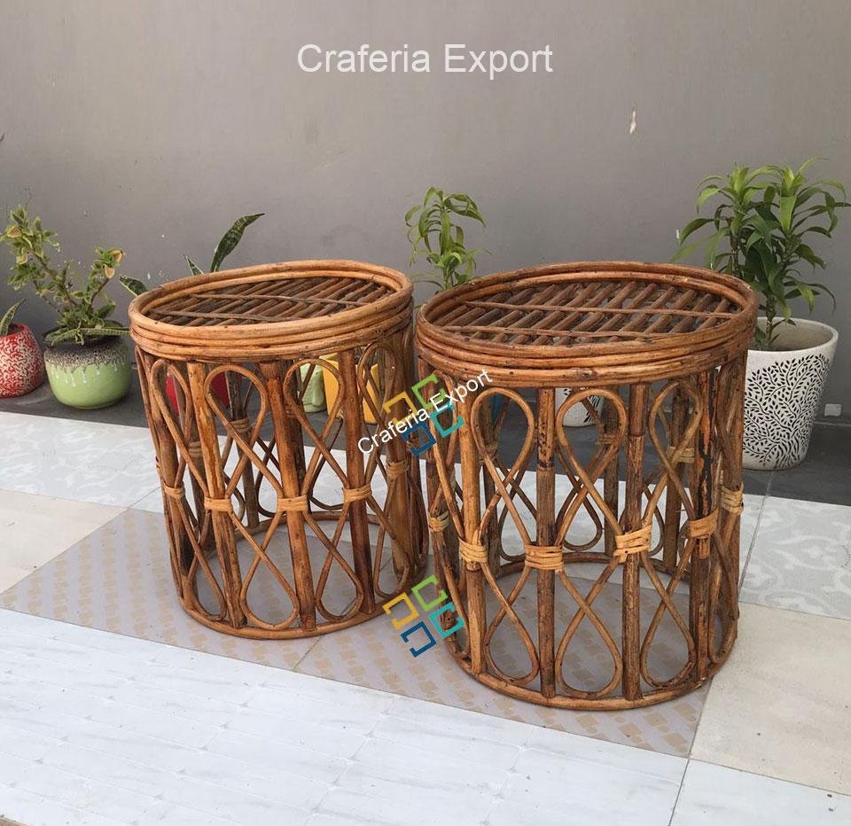 Antique Round Cane Stool For Living Room, Hotel, Restaurants etc(Set of 2) - Image 4