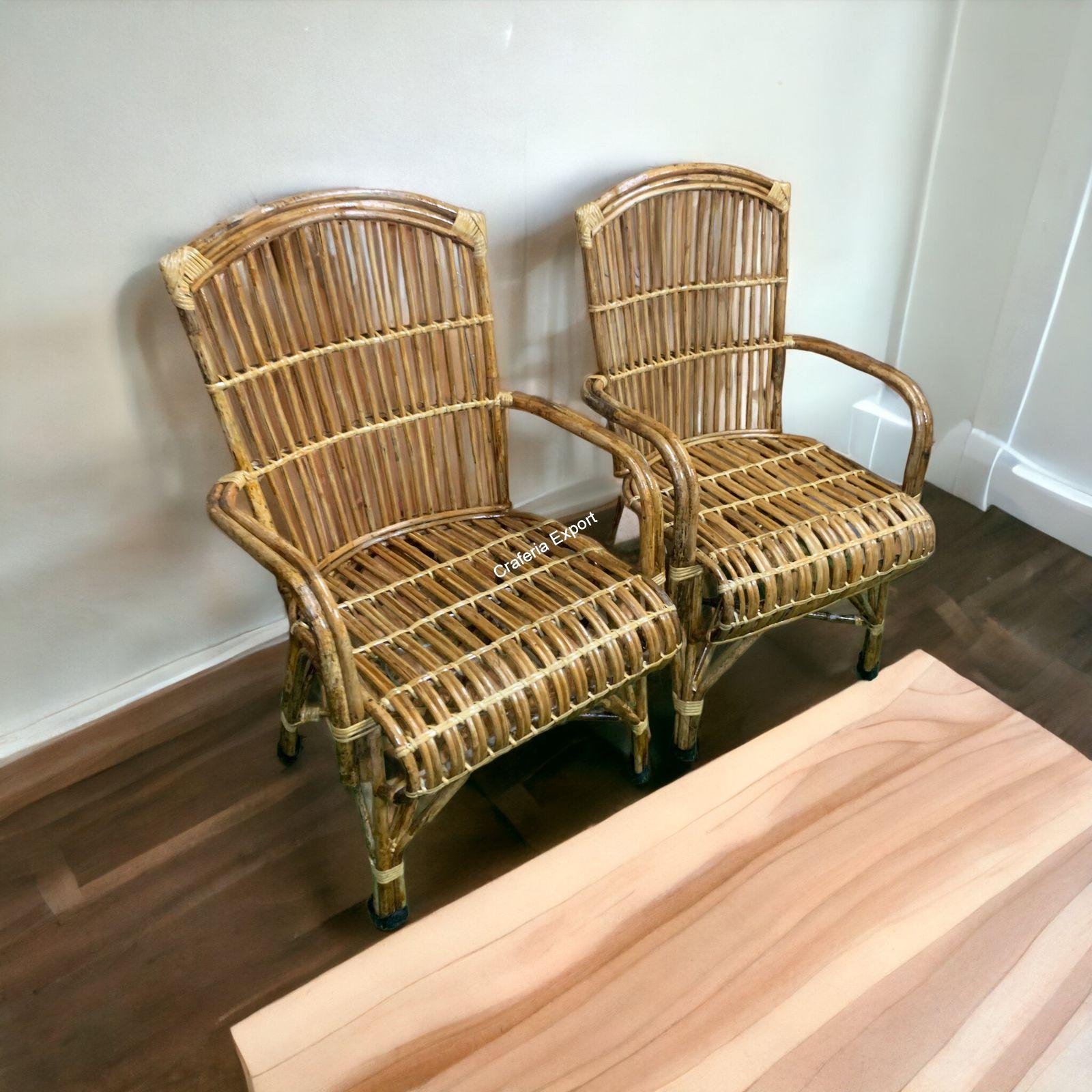 Bamboo Cane Rattan Chairs for Indoor and Outdoor both Set of 2- Brown Color