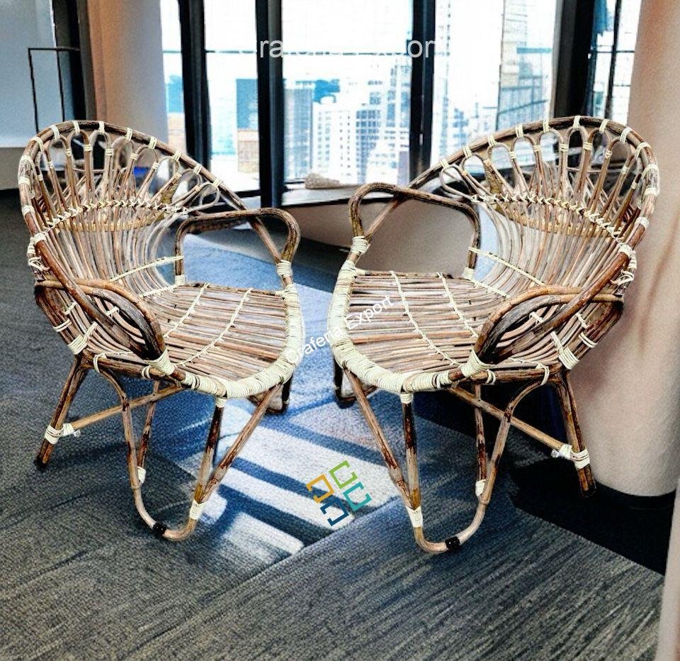 Bamboo Cane Chair for home | office | Balcony Garden | Armrest wicker rattan chair - set of 2 - Image 4