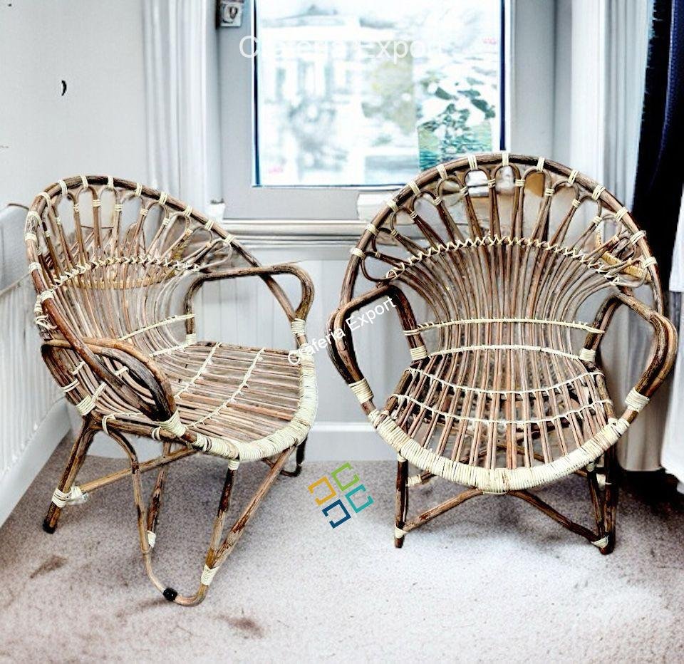 Bamboo Cane Chair for home | office | Balcony Garden | Armrest wicker rattan chair - set of 2