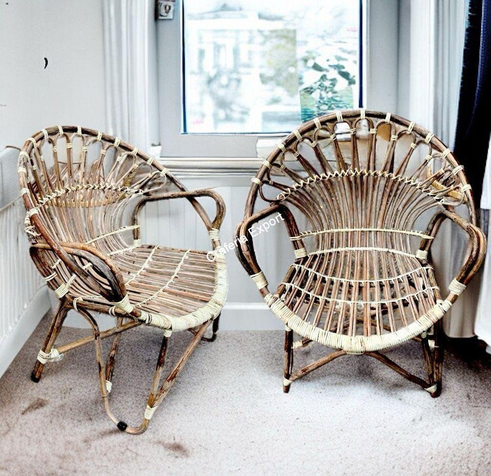 Bamboo Cane Chair for home | office | Balcony Garden | Armrest wicker rattan chair - set of 2