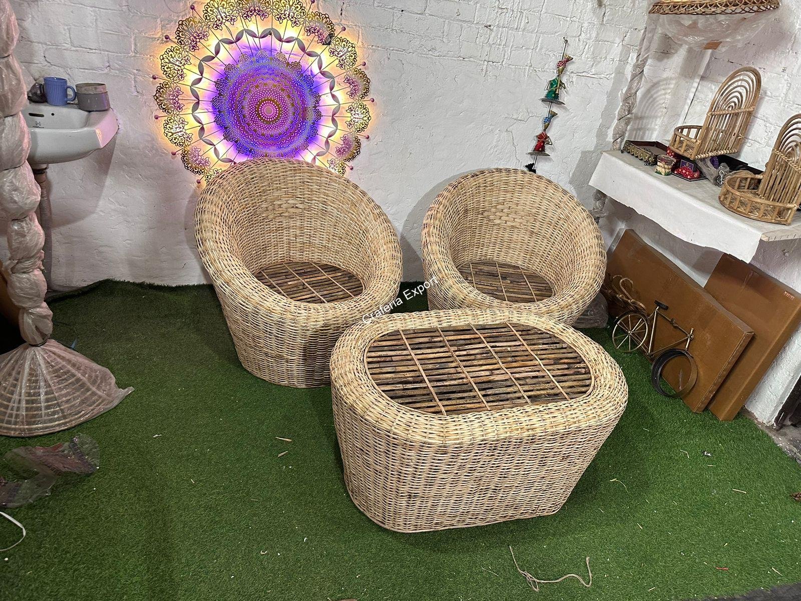 Bamboo Cane Apple Sofa Chairs with Table Set | Rattan Sofa Chair Furniture