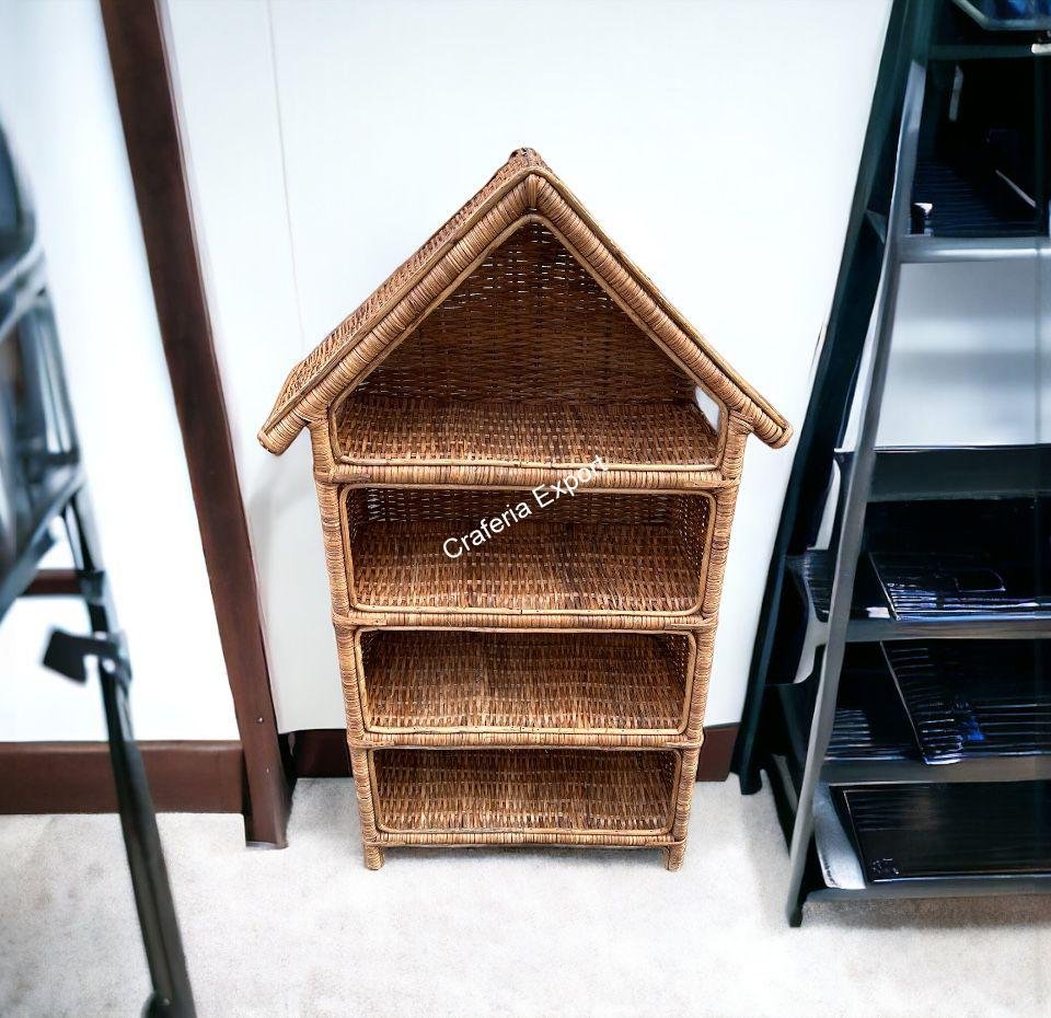 Hut Shaped Bamboo Cane Rattan Rack with 4 Shelves/Book/Shoes Rack- Multipurpose Use