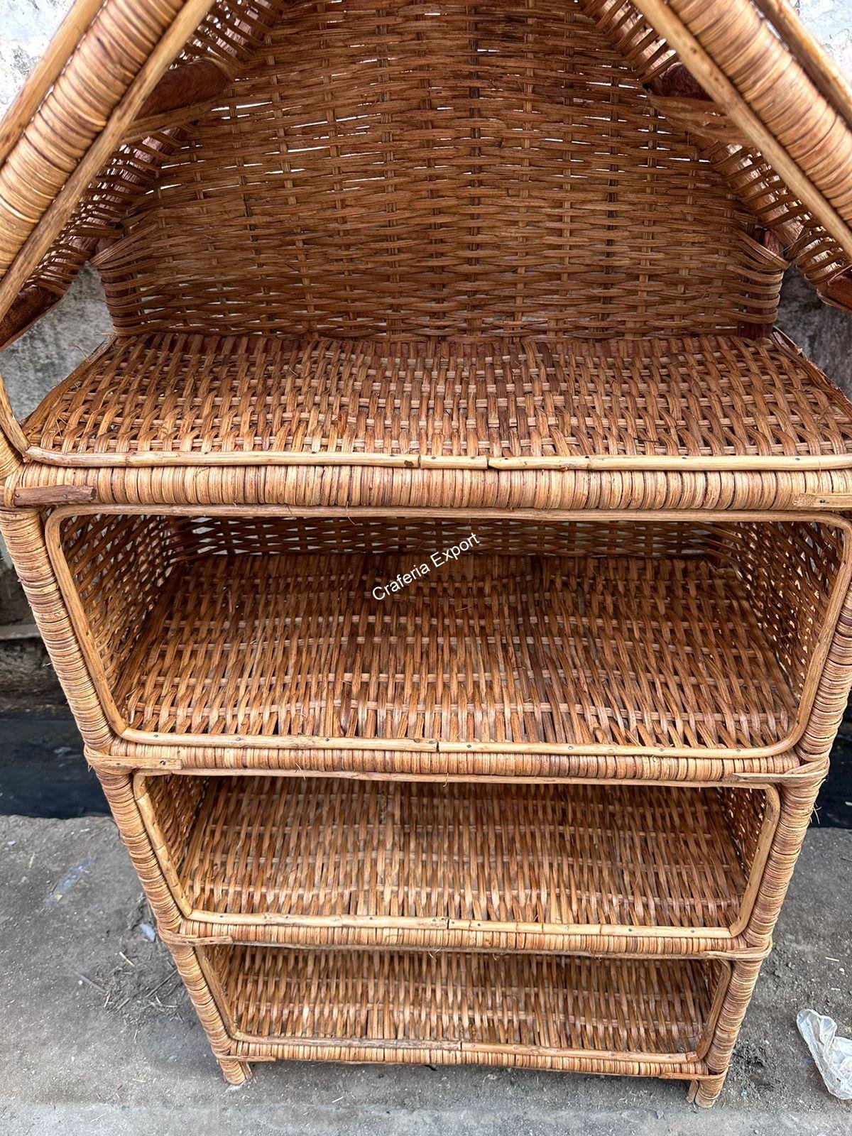 Hut Shaped Bamboo Cane Rattan Rack with 4 Shelves/Book/Shoes Rack- Multipurpose Use - Image 4