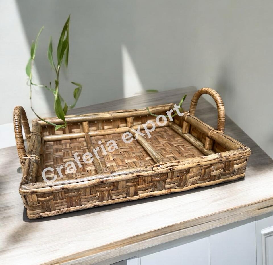 Bamboo Tray Handmade | Round Cane Tray for Fruits Storage & Home Utilities