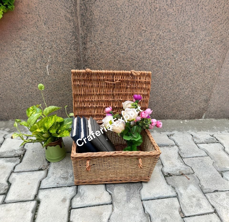 Rectangular Shape Cane Baskets with Lid Wicker Handle basket for Multipurpose /Gift Hamper - Image 3