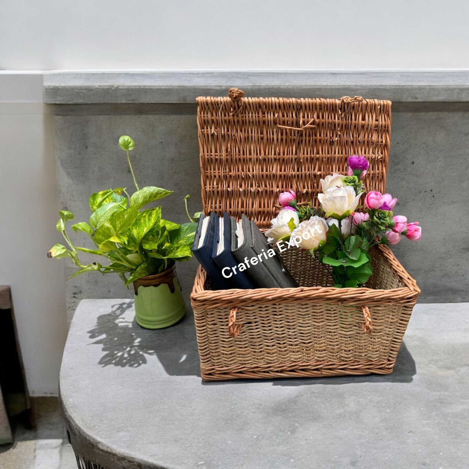 Rectangular Shape Cane Baskets with Lid Wicker Handle basket for Multipurpose /Gift Hamper - Image 4