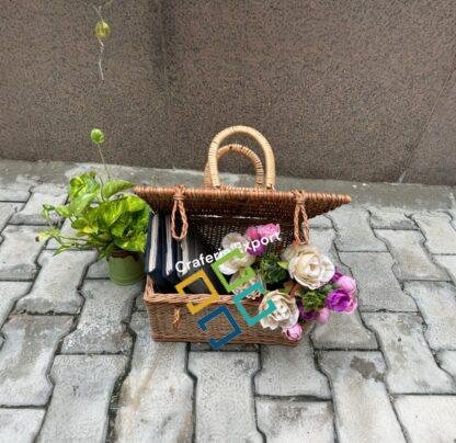 Rectangular Shape Cane Baskets with Lid Wicker Handle basket for Multipurpose /Gift Hamper - Image 2