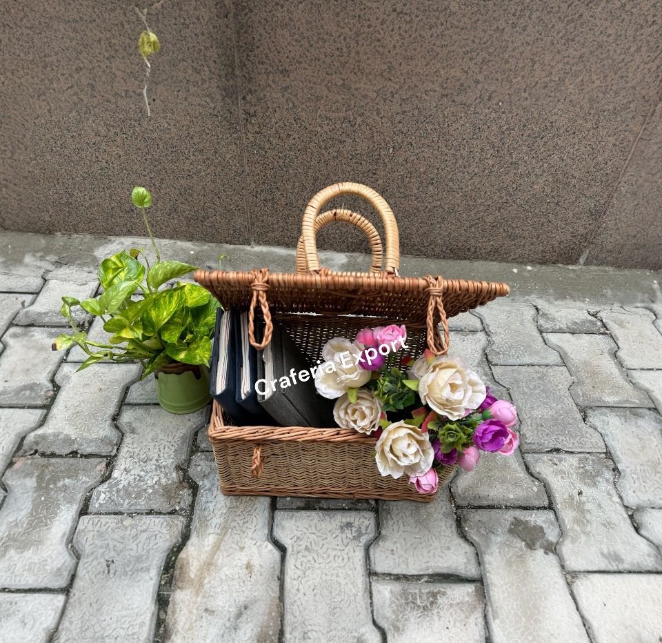 Rectangular Shape Cane Baskets with Lid Wicker Handle basket for Multipurpose /Gift Hamper - Image 2