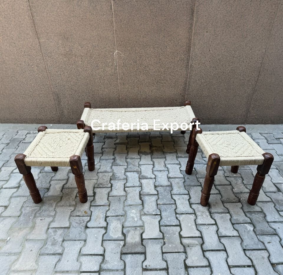 Wooden Charpai Bench & Pidha/Chowki Pink & Blue (Set of 2 Pidha) - Image 8