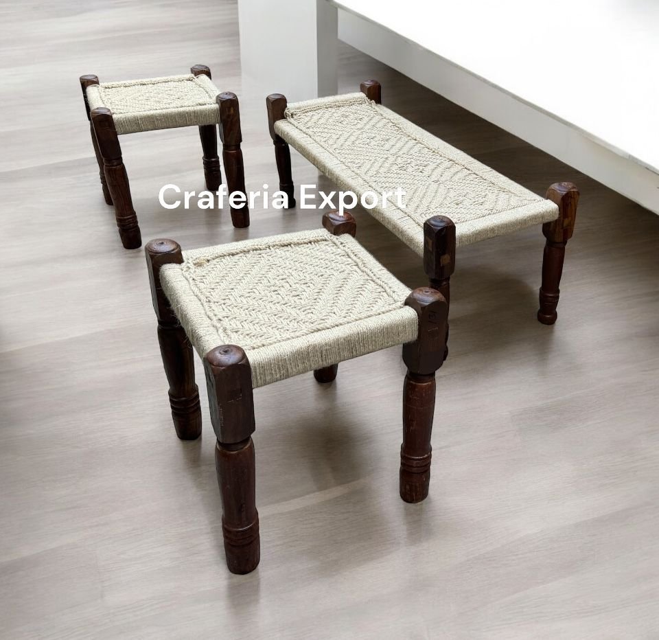 Wooden Charpai Bench & Pidha/Chowki Pink & Blue (Set of 2 Pidha) - Image 9