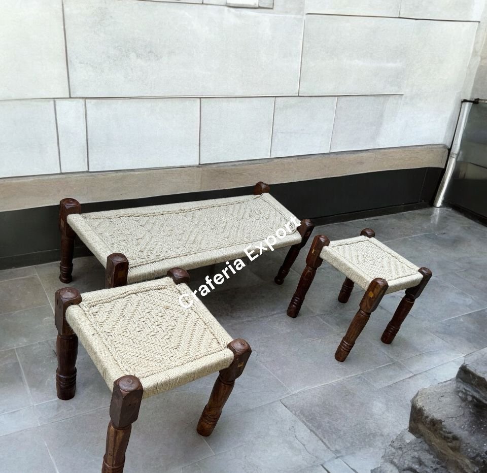 Wooden Charpai Bench & Pidha/Chowki Pink & Blue (Set of 2 Pidha) - Image 10