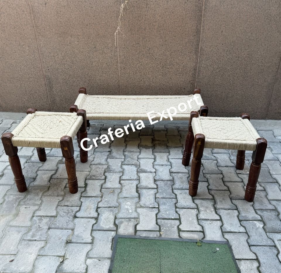 Wooden Charpai Bench & Pidha/Chowki Pink & Blue (Set of 2 Pidha) - Image 7