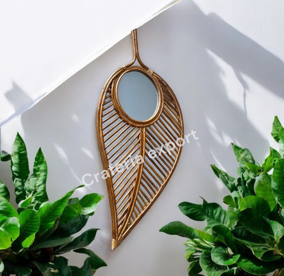 Bamboo Rattan Leaf Shape Wall Mirror With Unique Design Wall Hanging - Image 3