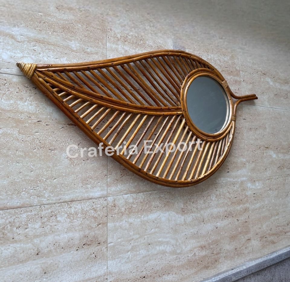 Bamboo Rattan Leaf Shape Wall Mirror With Unique Design Wall Hanging - Image 2
