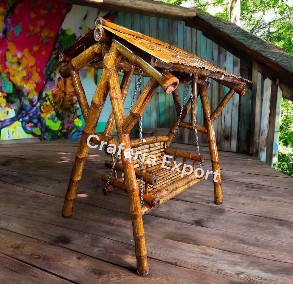 Wooden Bamboo Jhula Cane Swing Chair Two Seater Balcony, Garden Jhula with Stand Swing Chair