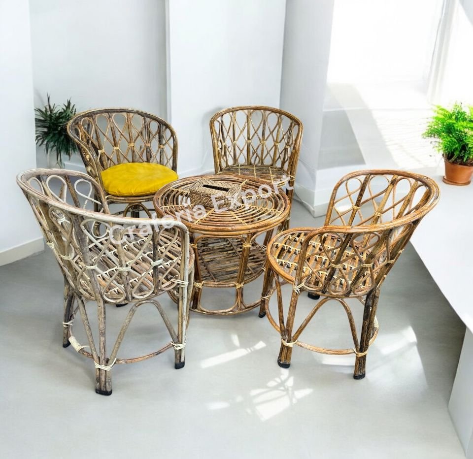 Mudda Bamboo Cane Dining Table Set 4 seater | Outdoor Bait Kursi Set Living Room/ Cafe/Hotel - Image 2