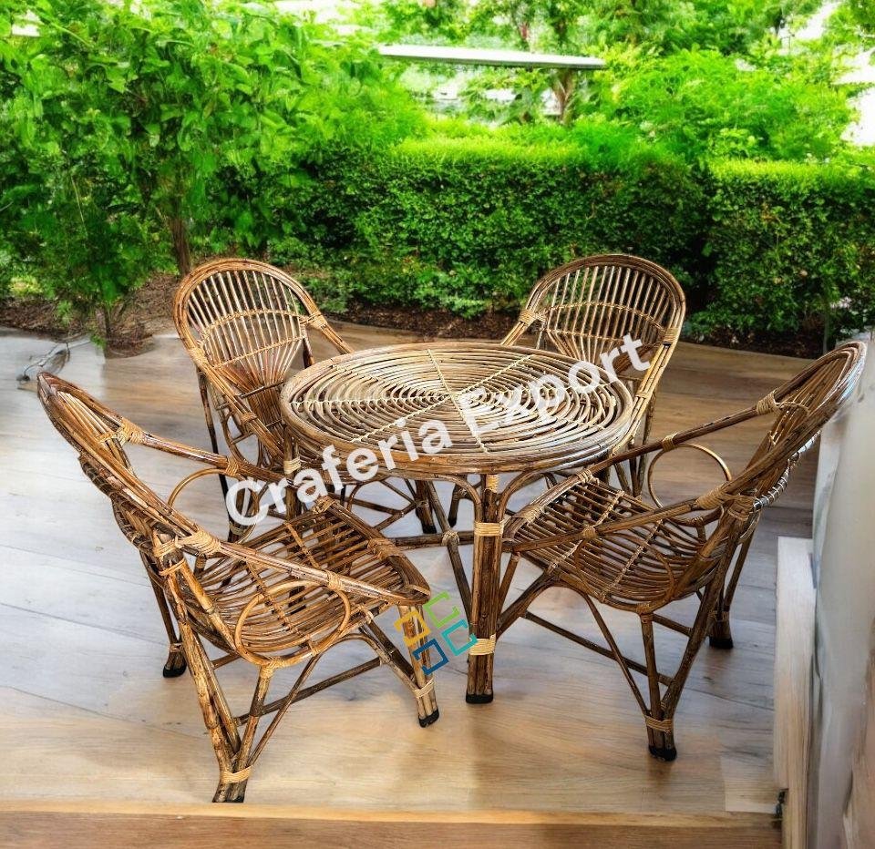 Cane Dining Table Set 4 Seater | Bamboo Chairs table set | Highback chairs outdoor indoor furniture - Image 2