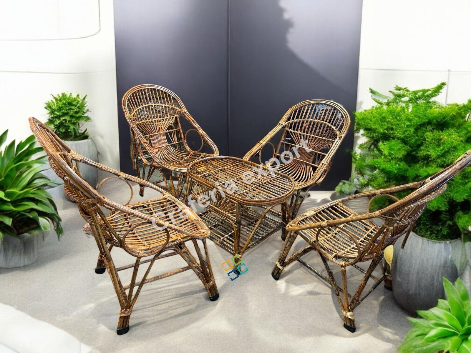 Cane 4 Chair Set with Table | Bamboo Cane Chair furniture Set | Kursi Garden Furniture Set