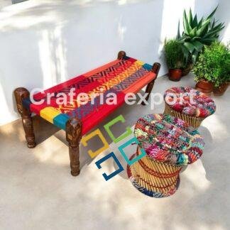 Wooden Bench with 2 bamboo Stools | 2 Seater Maachi Bench Set for indoor outdoor