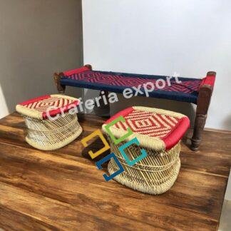 Wooden Bench 2 Seater with Pidha Stool Set | Khatiya Khaat with Stool indoor outdoor