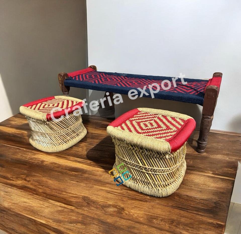 Wooden Bench 2 Seater with Pidha Stool Set | Khatiya Khaat with Stool indoor outdoor