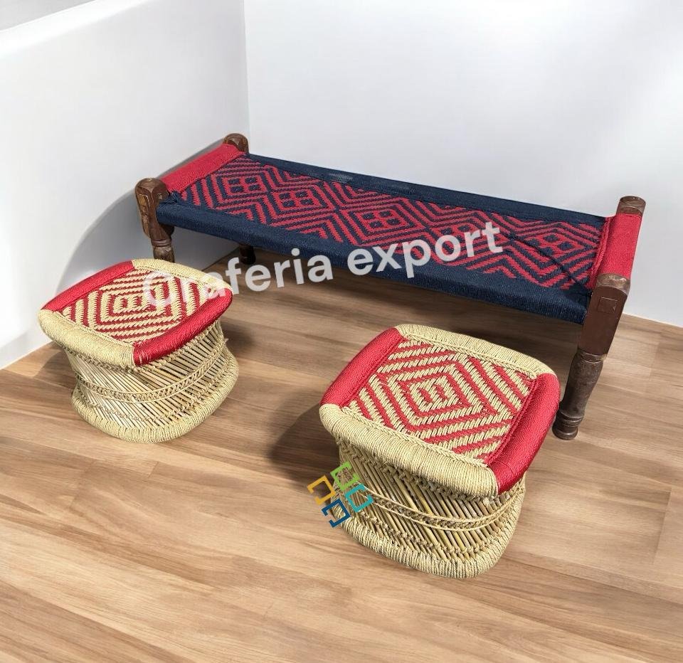 Wooden Bench 2 Seater with Pidha Stool Set | Khatiya Khaat with Stool indoor outdoor - Image 3