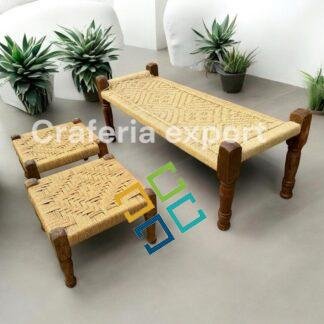 Natural  2 seater bench with pidha set of 2 for balcony /living room/cafe/restaurant