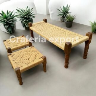 Natural 2 seater bench with pidha set of 2 for balcony /living room/cafe/restaurant